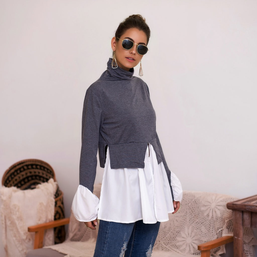 Women's High Neck Irregular Stitching Ruffle Shirt