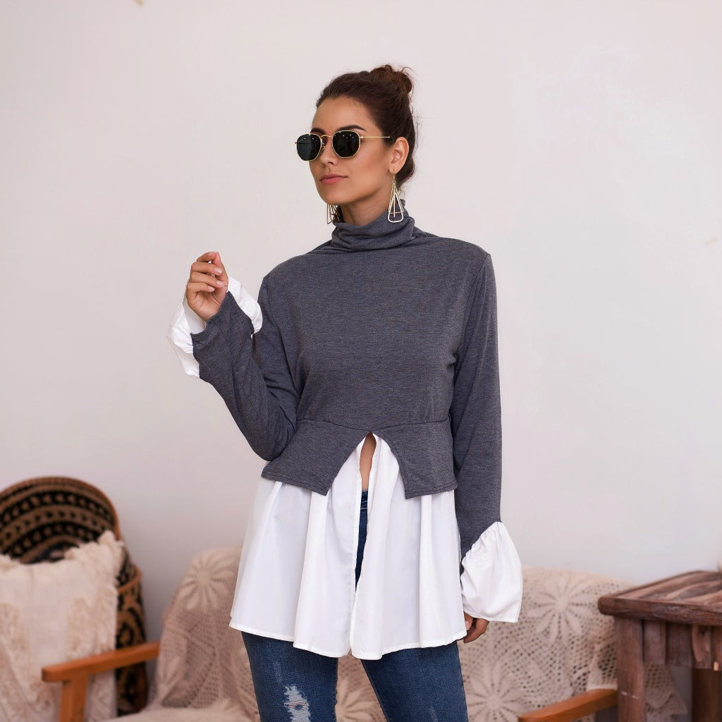 Women's High Neck Irregular Stitching Ruffle Shirt