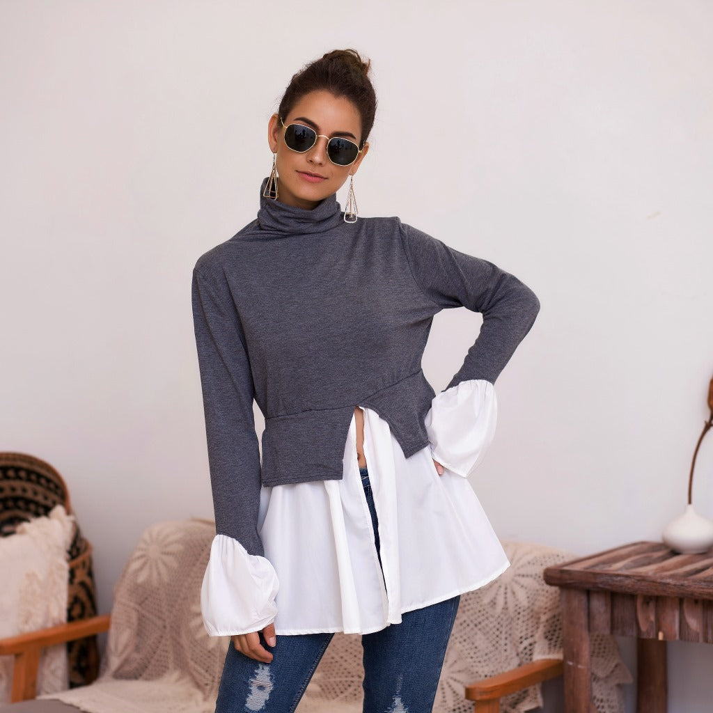 Women's High Neck Irregular Stitching Ruffle Shirt