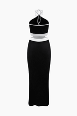 Halter Neck Cut Out Back Rib Knit Midi Dress