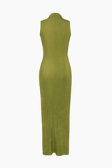 High Neck Sleeveless Slit Midi Dress