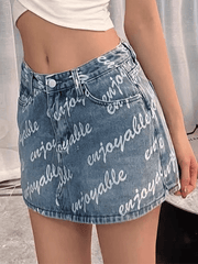 High Waist Letter Print Denim Skirt