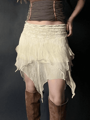 High Waist Mesh Asymmetric Hem Mini Skirt