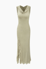 Hooded Ruffle Hem Slit Maxi Dress