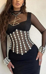Tammy Mock Neck Embellished Mesh Maxi Dress