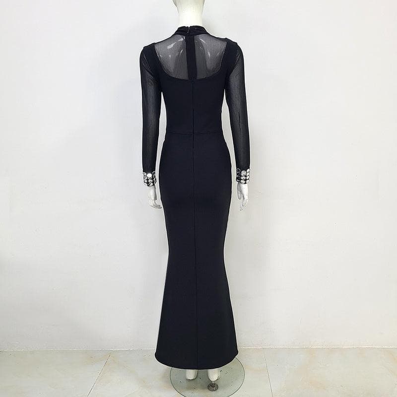 Tammy Mock Neck Embellished Mesh Maxi Dress