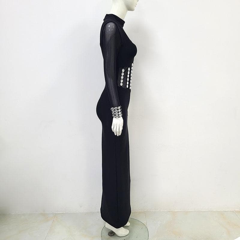 Tammy Mock Neck Embellished Mesh Maxi Dress