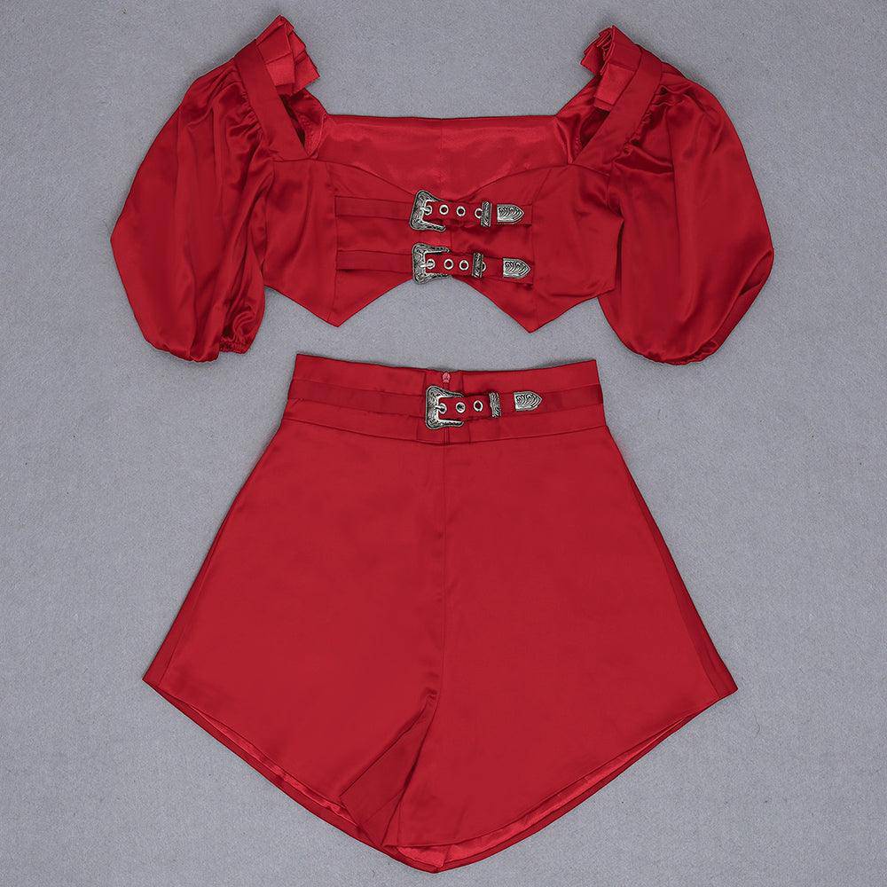 Tyne Puff Sleeve Belted Crop Top & Mini Skirt Set