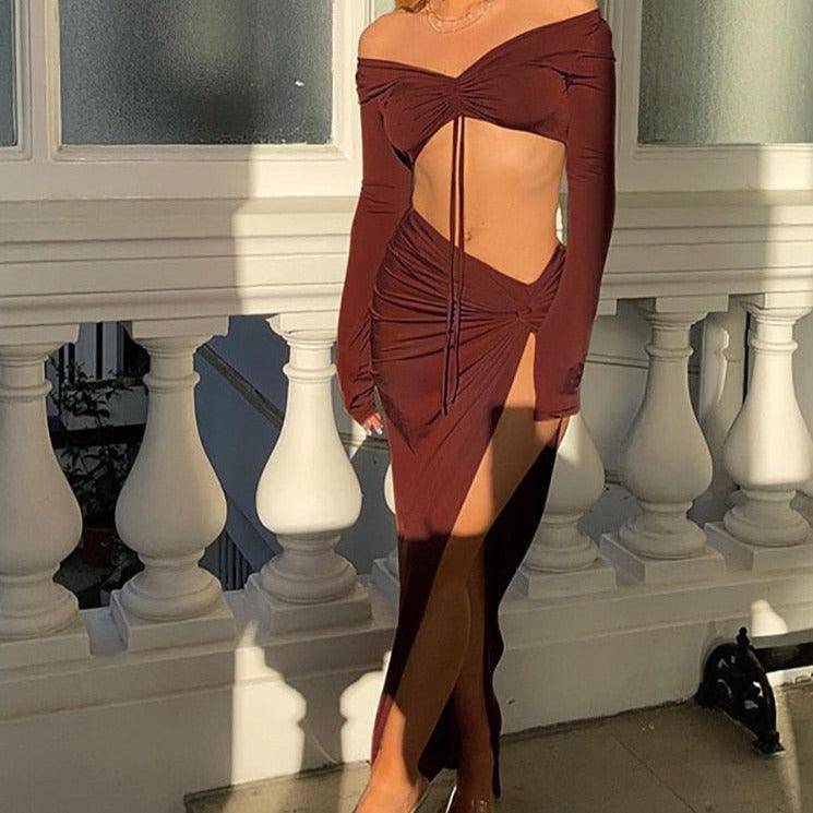Leilani Long Sleeve Crop Top & High Slit Skirt Set