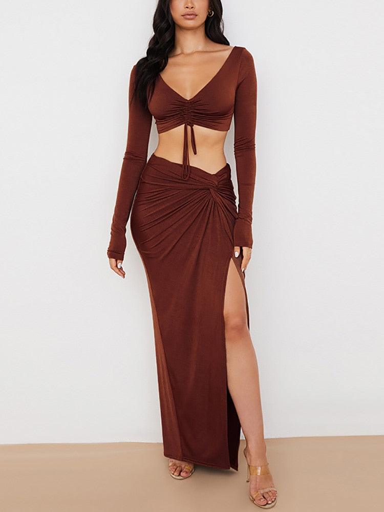 Leilani Long Sleeve Crop Top & High Slit Skirt Set