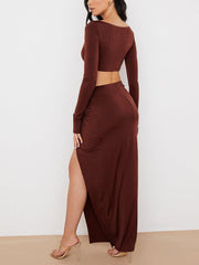 Leilani Long Sleeve Crop Top & High Slit Skirt Set