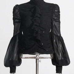 Abigail Solid Mock Neck Ruched Blouse