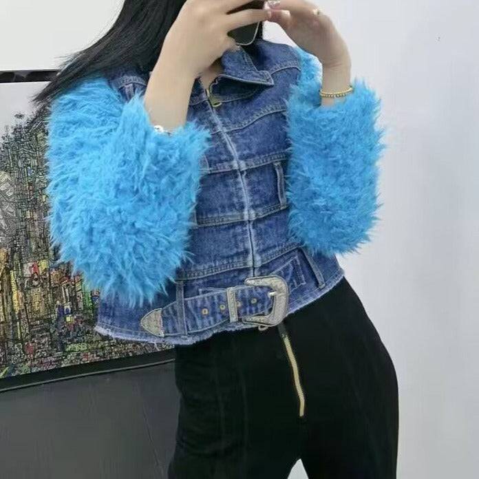 Mignonette Faux-Fur Sleeves Light Blue Jacket