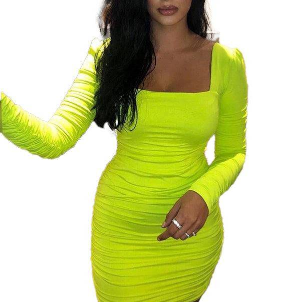 Andrea Long Sleeve Square Neck Ruched Mini Dress