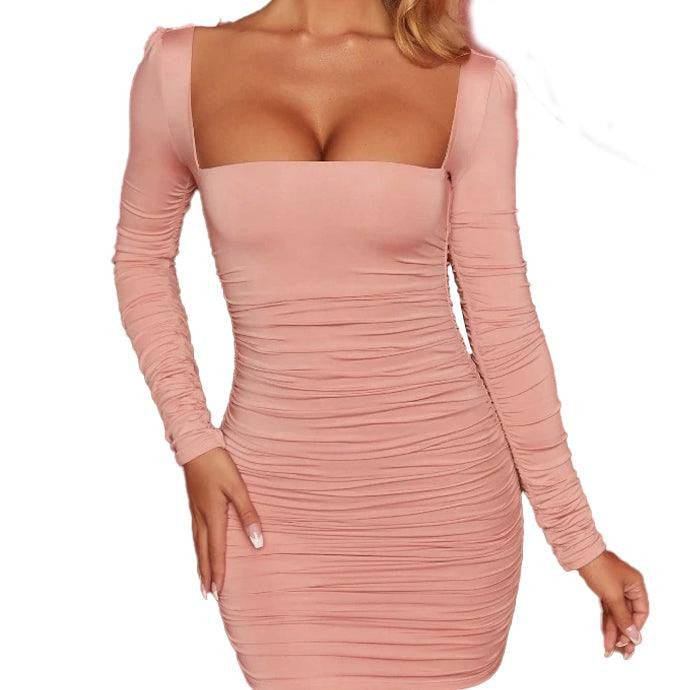 Andrea Long Sleeve Square Neck Ruched Mini Dress