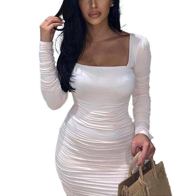 Andrea Long Sleeve Square Neck Ruched Mini Dress