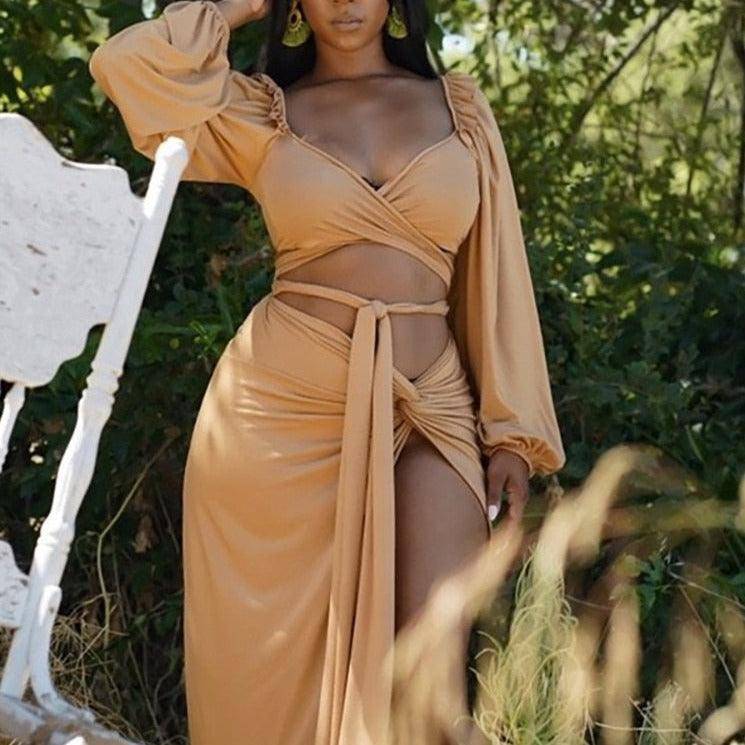 Meghan Puff Sleeve Wrap Top & Asymmetric Hem Skirt Set
