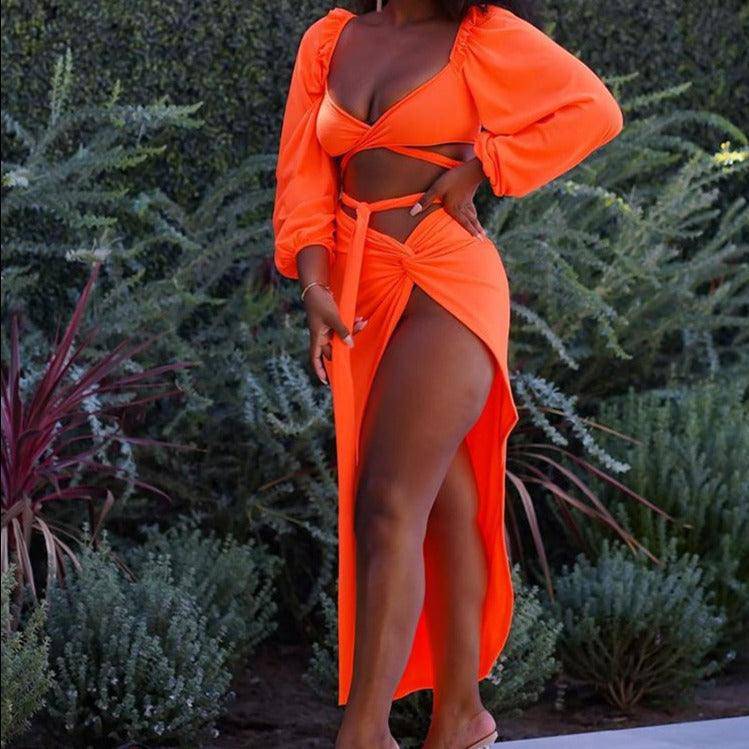 Meghan Puff Sleeve Wrap Top & Asymmetric Hem Skirt Set