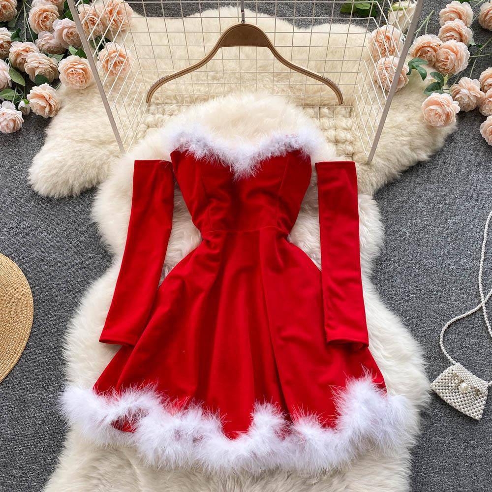 Rowena Strapless Backless Furry Christmas Mini Dress