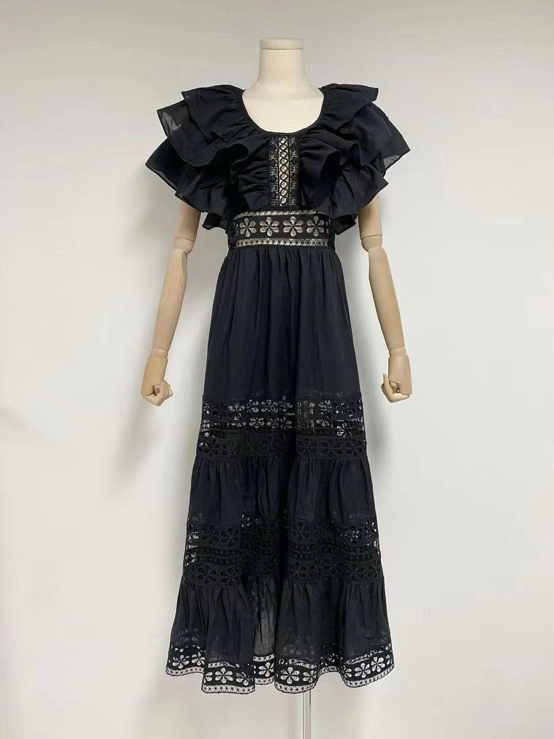 Bambi Solid Ruffle Sleeve Hollow Out A-line Dress
