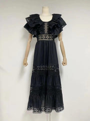 Bambi Solid Ruffle Sleeve Hollow Out A-line Dress