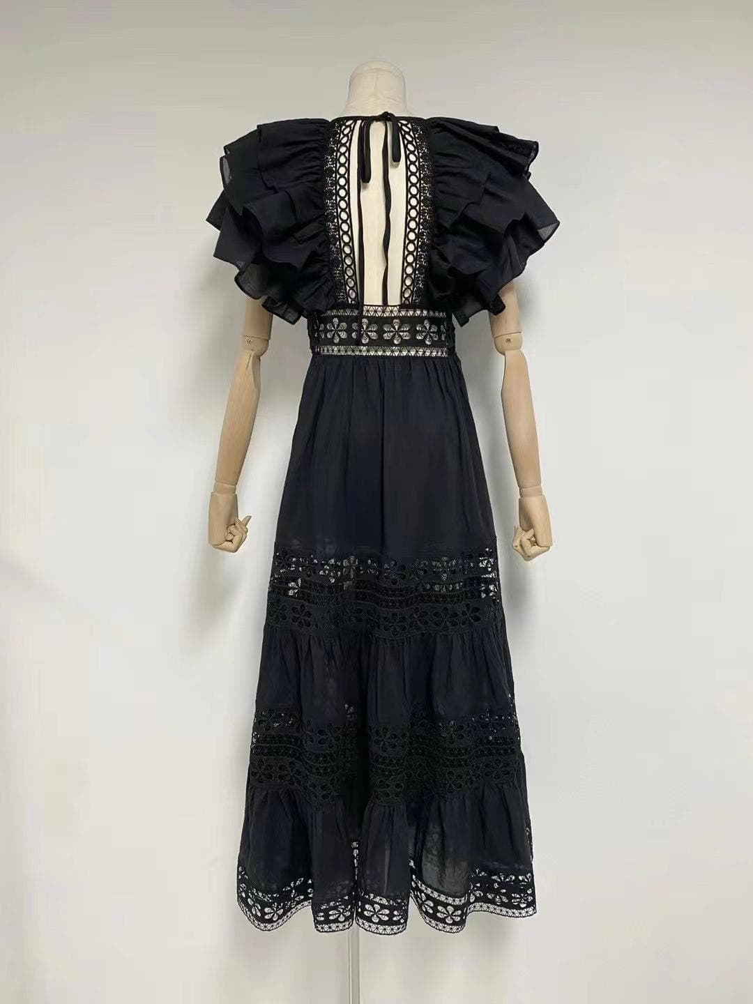 Bambi Solid Ruffle Sleeve Hollow Out A-line Dress
