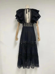 Bambi Solid Ruffle Sleeve Hollow Out A-line Dress