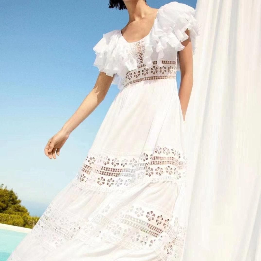 Bambi Solid Ruffle Sleeve Hollow Out A-line Dress