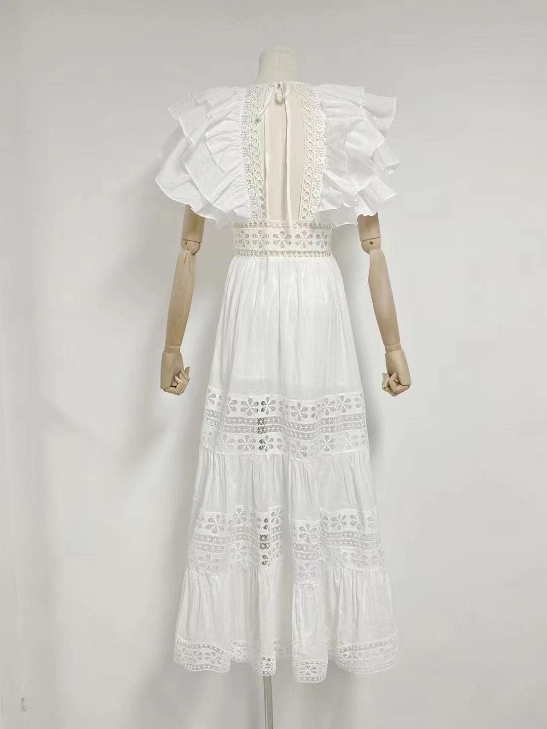 Bambi Solid Ruffle Sleeve Hollow Out A-line Dress
