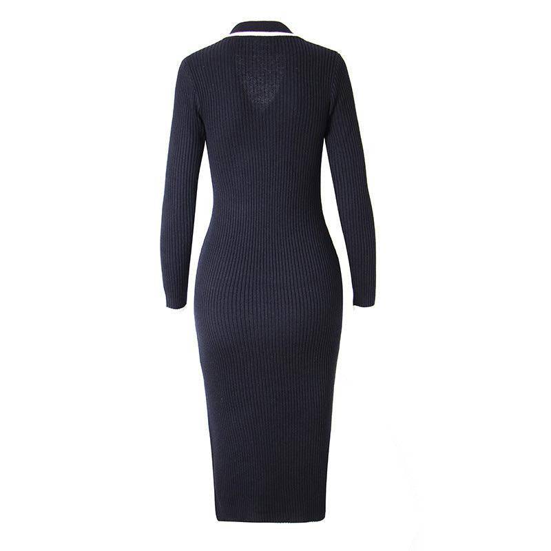 Faith Long Sleeve Collared Gold Button Embellished Knitted Midi Dress