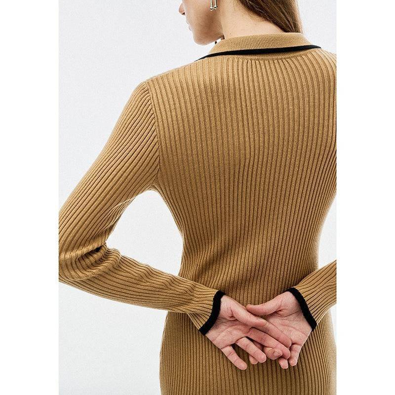 Faith Long Sleeve Collared Gold Button Embellished Knitted Midi Dress