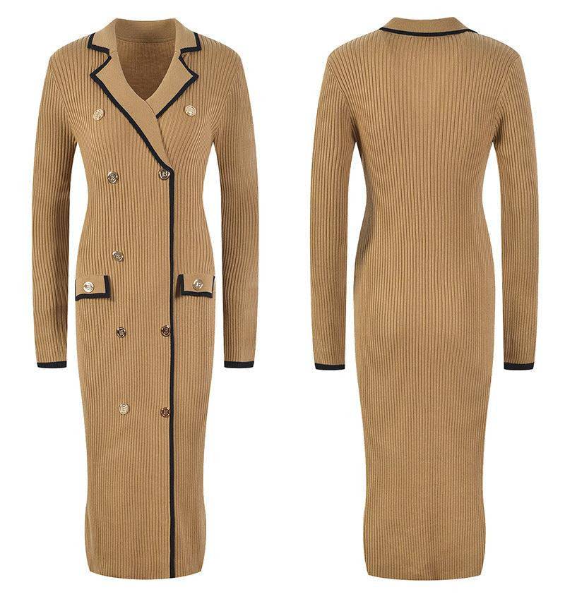 Faith Long Sleeve Collared Gold Button Embellished Knitted Midi Dress