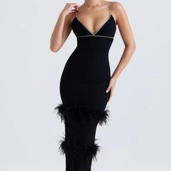 Penelope Sleeveless Deep V Neck Feather Maxi Dress