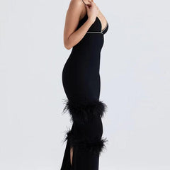 Penelope Sleeveless Deep V Neck Feather Maxi Dress