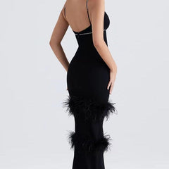 Penelope Sleeveless Deep V Neck Feather Maxi Dress