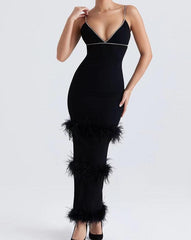 Penelope Sleeveless Deep V Neck Feather Maxi Dress
