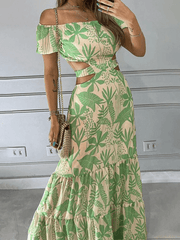 Bethany Off The Shoulder Ruffle Hem Printed Maxi Dress