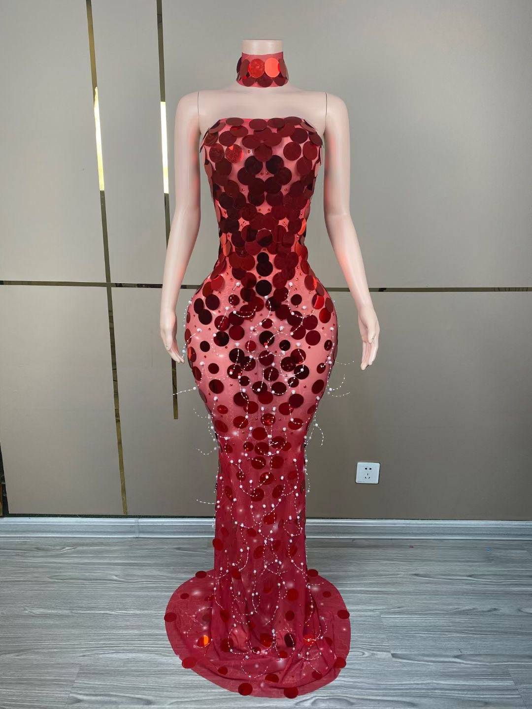 Robynn Strapless Red Sequins Transparent Maxi Dress