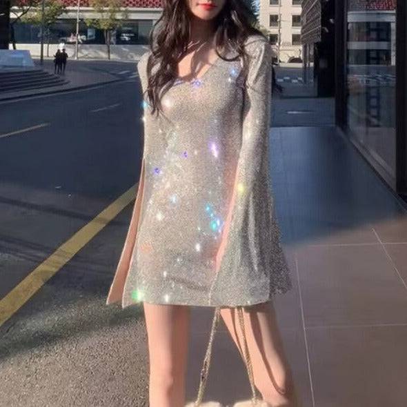 Paislee Long Sleeve Slit Sequin Mini Dress
