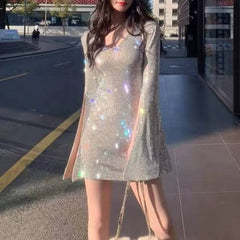 Paislee Long Sleeve Slit Sequin Mini Dress