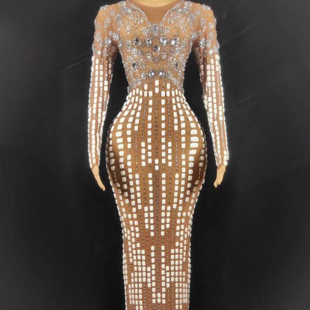 Velma Long Sleeve Rhinestone Embellished Maxi Dress