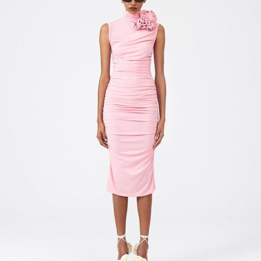 Hadley O-neck Sleeveless Solid Ruched Midi Dress