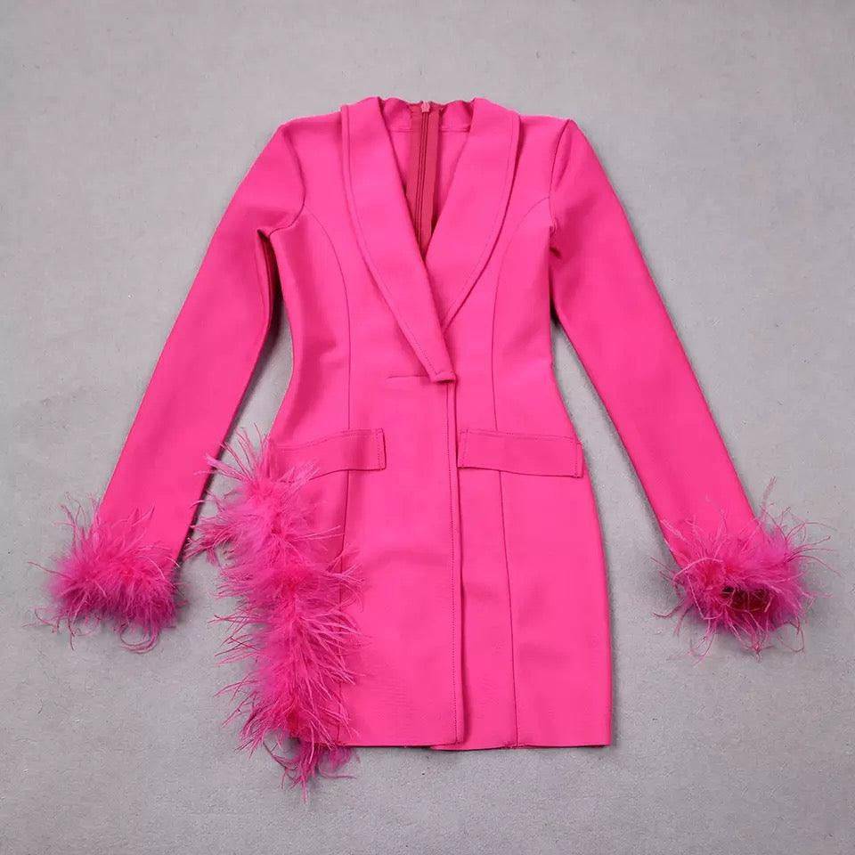 Lorraine Deep V-Neck Feather Embellished Blazer Mini Dress