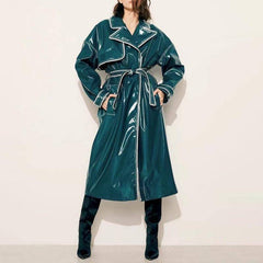 Nelly Long Sleeves Turn Down Collar Faux Leather Belted Coat