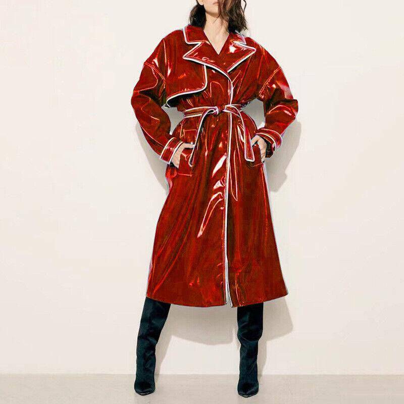 Nelly Long Sleeves Turn Down Collar Faux Leather Belted Coat