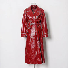 Nelly Long Sleeves Turn Down Collar Faux Leather Belted Coat