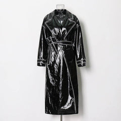Nelly Long Sleeves Turn Down Collar Faux Leather Belted Coat