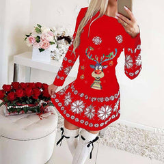 Rebecca Long Sleeve Elk Christmas Print Dress