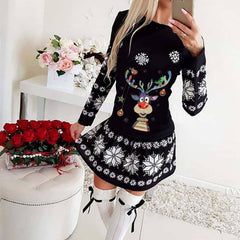 Rebecca Long Sleeve Elk Christmas Print Dress