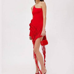 Erna One Strap Rose-Detail Ruffle Mini Dress